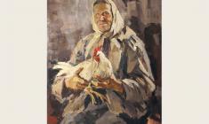Лев Русов. Тётя Поля с курицей. Х.м.,108х84. 1961