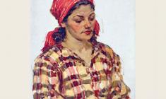 Александр Соколов.  Женщина в красном платке. Карт.м.,35х25. 1952