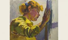 В. Тетерин.  Девушка, моющая окна. Х.м., 53,5х62. 1957